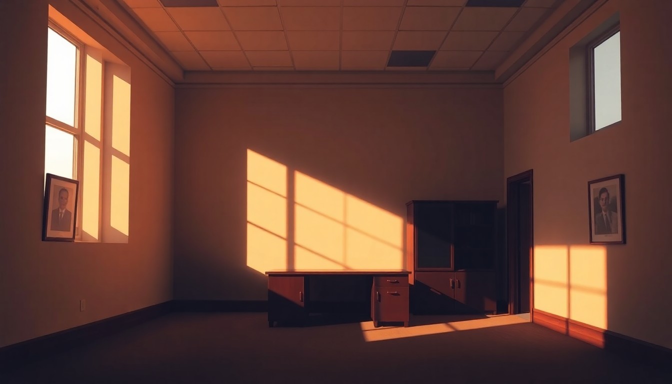 A dimly lit, cinematic government office space with a single desk and chair in the center, the room's walls and floors cast in warm, diagonal sunlight and deep shadows, conceptually representing the quiet power dynamics of politics.