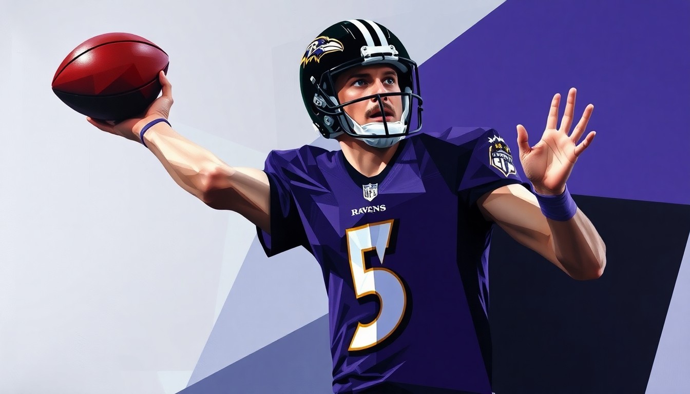 A fragmented, cubist-style painting depicting a quarterback in motion, with sharp geometric shapes in the Ravens' colors of purple and black representing the complex demands of leading a team to the Super Bowl.