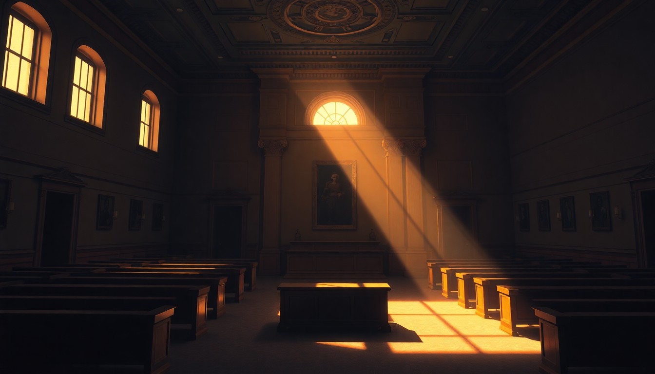 A serene, cinematic painting of an empty city council chamber, with warm sunlight streaming through the windows and deep shadows casting a contemplative mood, capturing the essence of the local government's strategic planning.