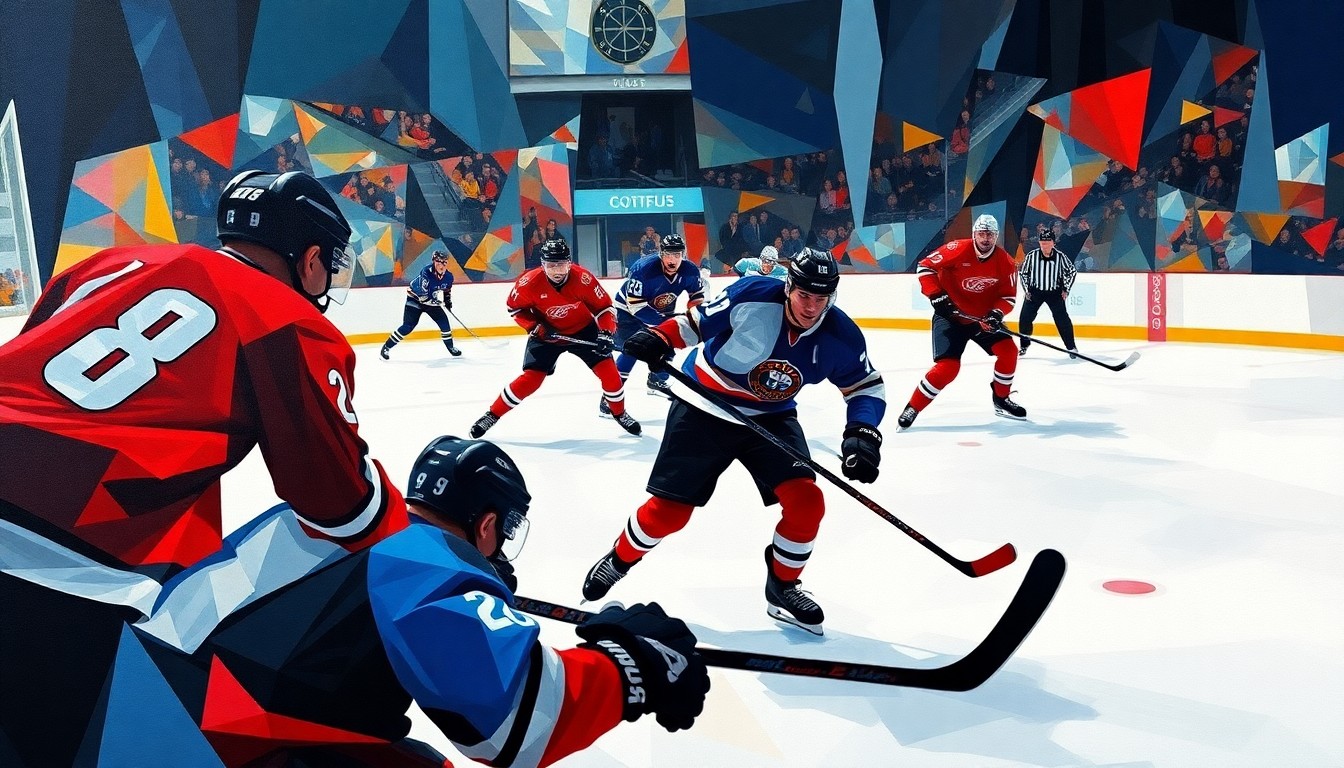 A cubist, geometric painting depicting the chaotic motion and energy of a hockey game, with players' forms broken down into overlapping planes of color and abstraction.