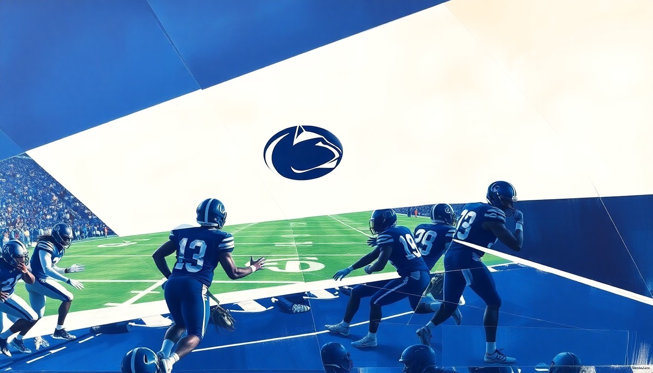 A cubist, geometric painting depicting a Penn State football practice, with players' forms broken down into sharp, overlapping planes of blue and white, capturing the energy and movement of the game.
