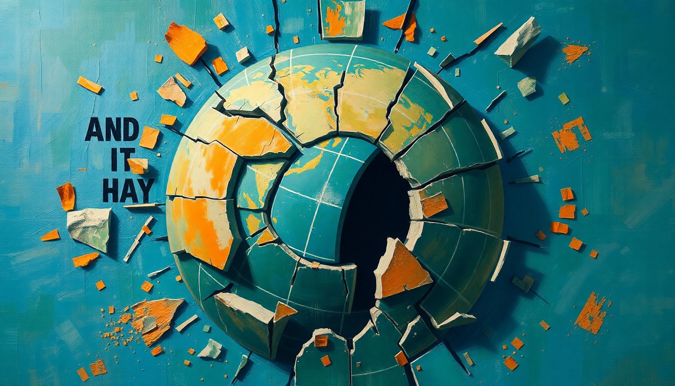 A surreal, fragmented painting in shades of blue, green, and orange depicting a cracked, melting globe or thermometer, conveying a sense of environmental crisis and political tension.