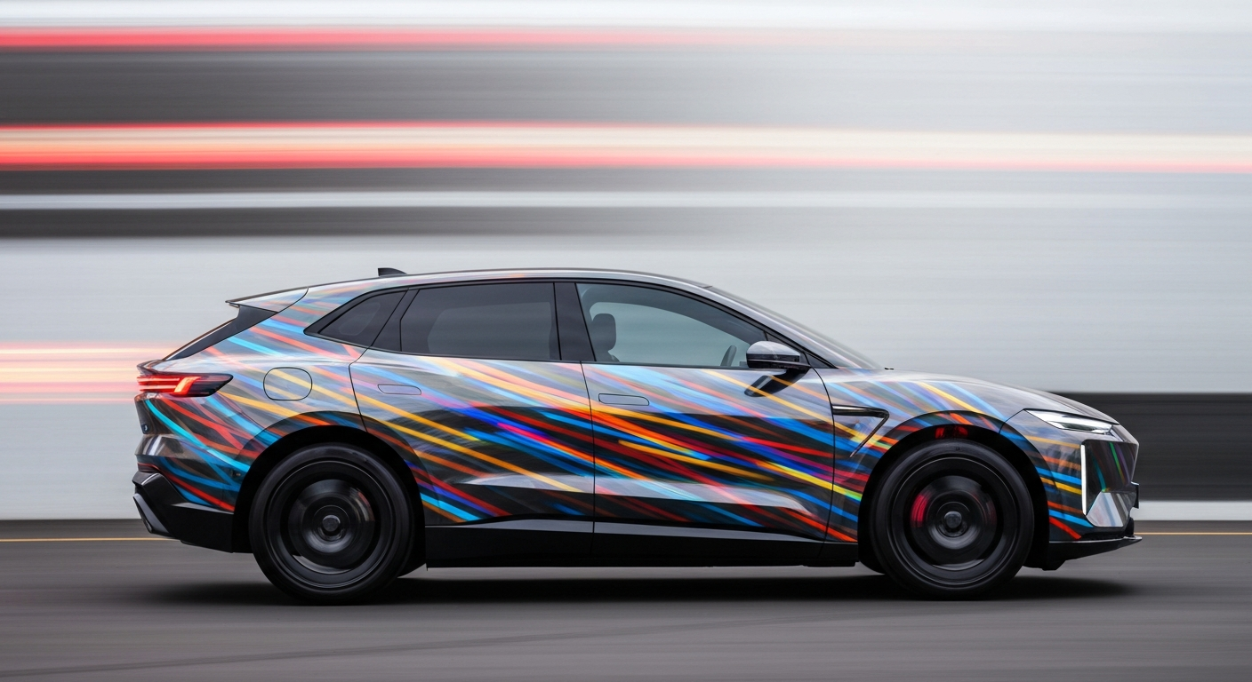 An abstract, impressionistic image of a futuristic electric SUV, its form reduced to vibrant streaks of color and energy through the use of a slow shutter speed and panning camera, conveying a sense of speed and technological innovation.