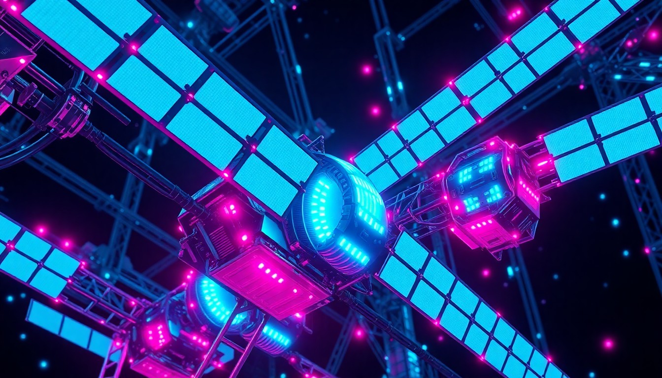 A highly detailed, glowing 3D illustration of a futuristic satellite network, with neon cyan and magenta lights illuminating the intricate hardware and infrastructure, conceptually representing the technological innovation and scale of next-generation satellite internet systems.