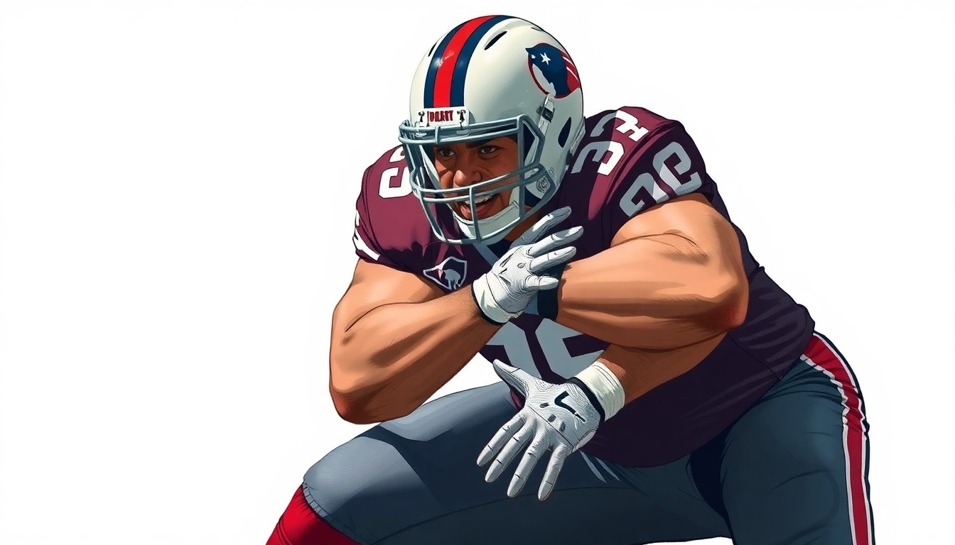 A cubist-style painting depicting an offensive lineman in motion, with sharp, overlapping geometric planes representing the player's dynamic movements and the intensity of the position.