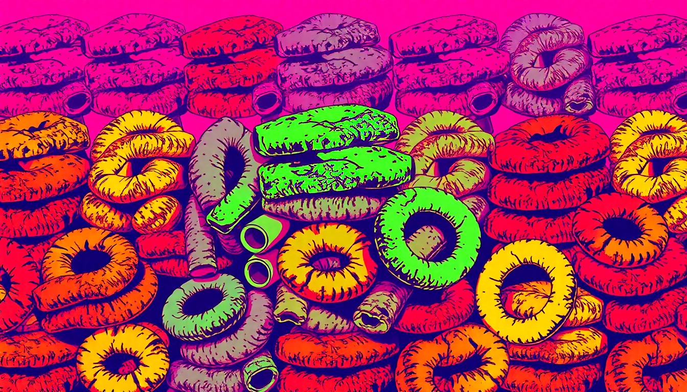 A vibrant, high-contrast silkscreen print featuring a grid of Buffalo Wild Wings' signature fried appetizers like mozzarella sticks and onion rings, conceptually representing the chain's bottomless appetizer promotion.