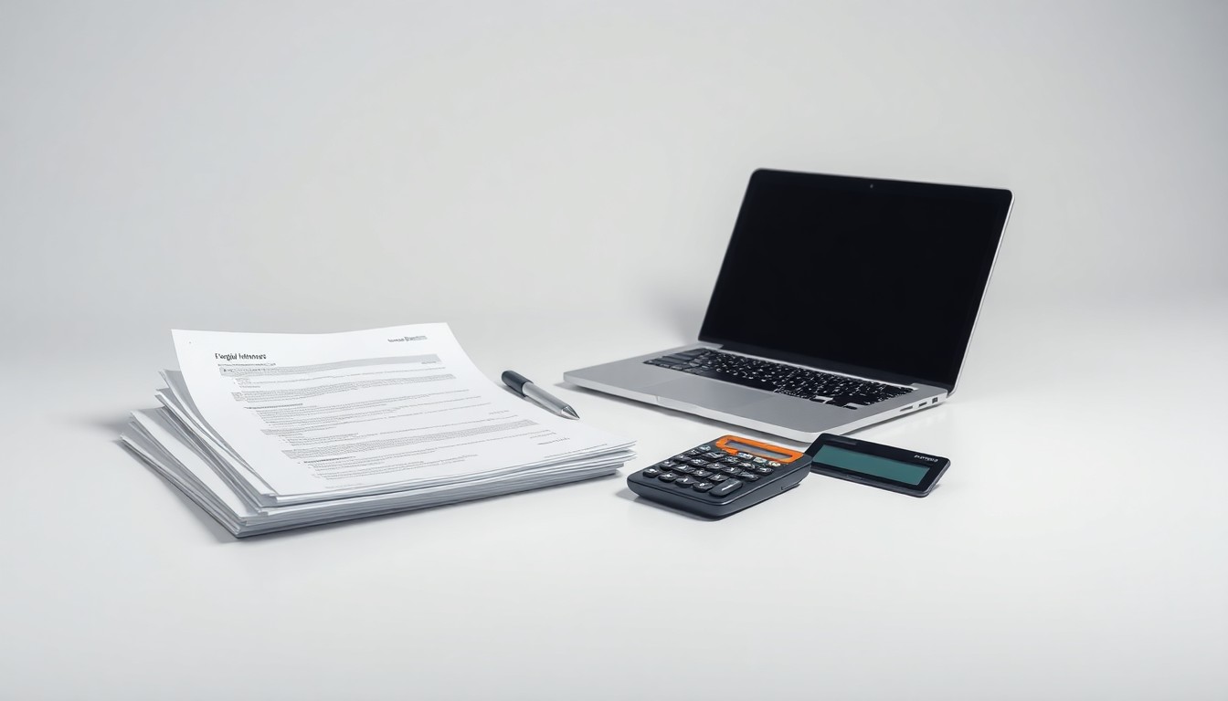 A high-end, photorealistic studio still-life photograph featuring a stack of financial documents, a laptop, and a calculator arranged elegantly on a clean, white seamless background, conceptually representing the abstract concepts of corporate finance, regulatory compliance, and risk management in the fintech industry.