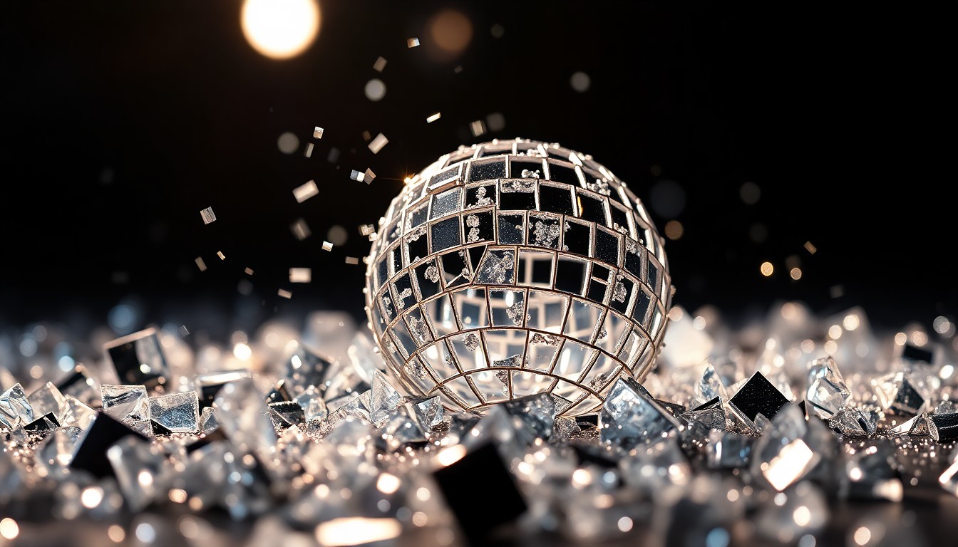 An extreme close-up photograph of shattered, sparkling disco ball glass fragments under dramatic studio lighting, conceptually representing the allure and drama of celebrity culture.