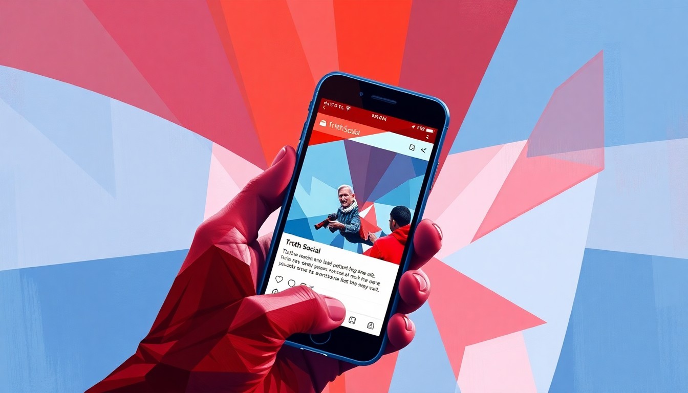 A dynamic, fragmented painting of a hand holding a smartphone displaying a social media post, with bold strokes of red, white, and blue conveying the tension and conflict between political and religious authorities.