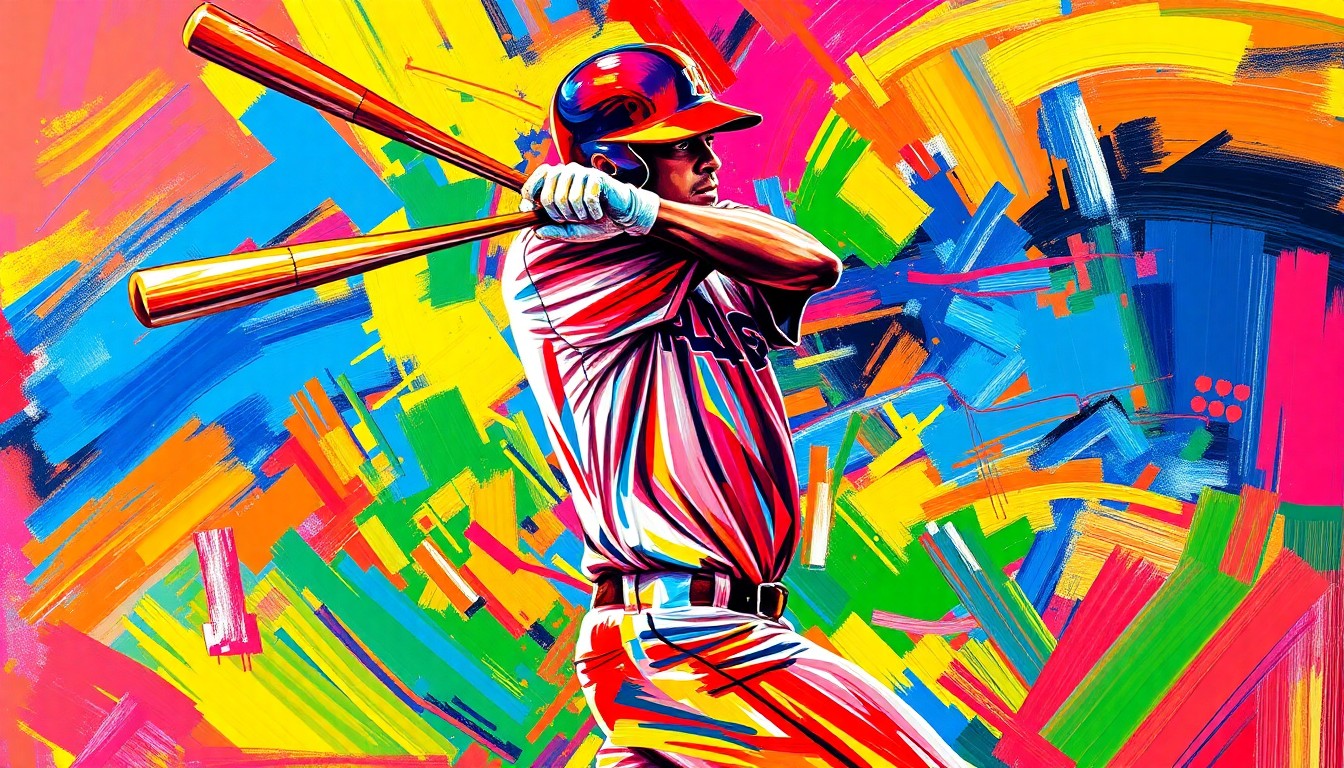 An abstract, expressionist painting in neon colors depicting the powerful swing and motion of a baseball player, capturing the energy and excitement of Lowe's record-setting performance.