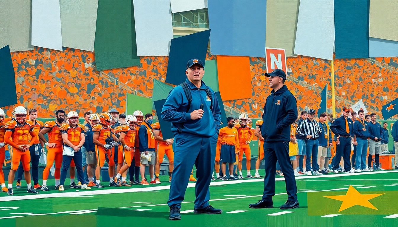 A fragmented, geometric painting depicting a college football coach on the sideline, with sharp planes of navy blue, forest green, and burnt orange overlapping to create a sense of motion and intensity.