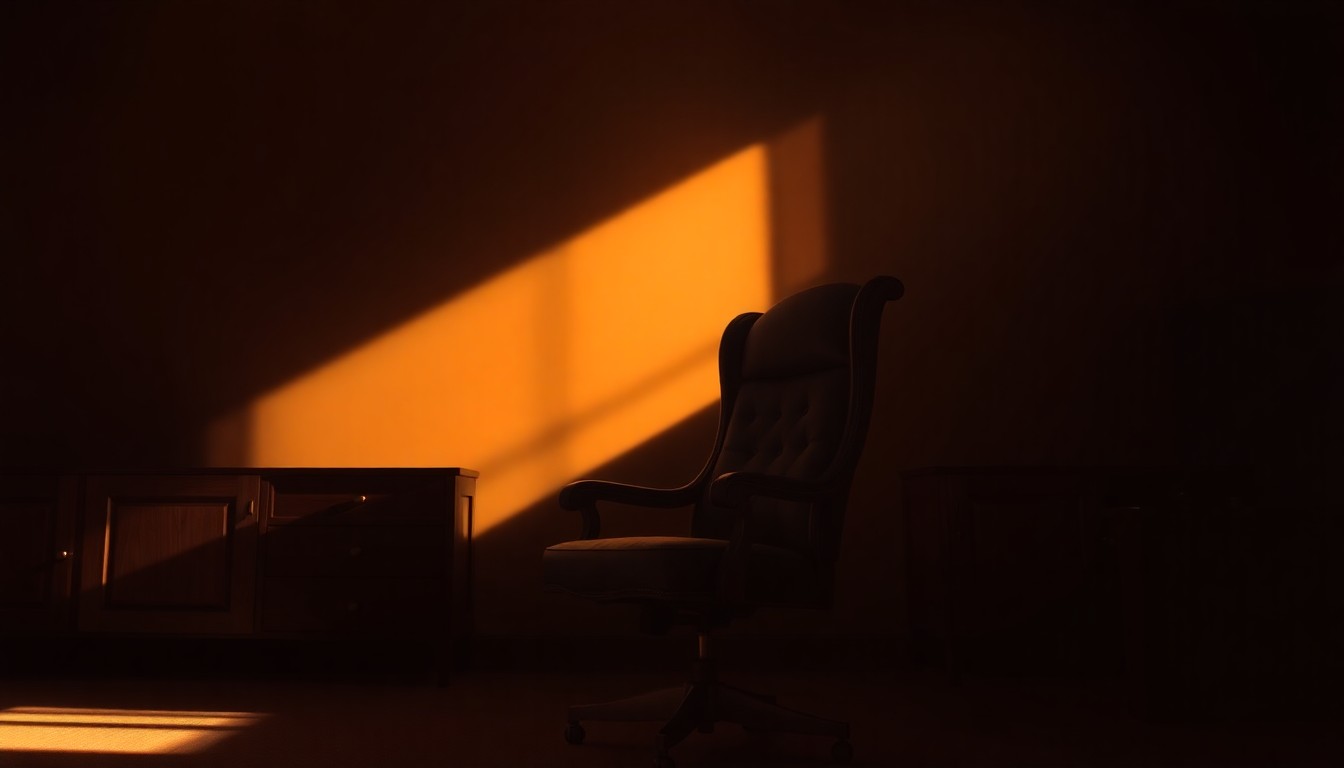 An elegant, high-backed office chair sits alone in a dimly lit room, with warm sunlight streaming in through a window and casting deep shadows across the floor. The chair represents the power and influence of wealth in the political sphere.