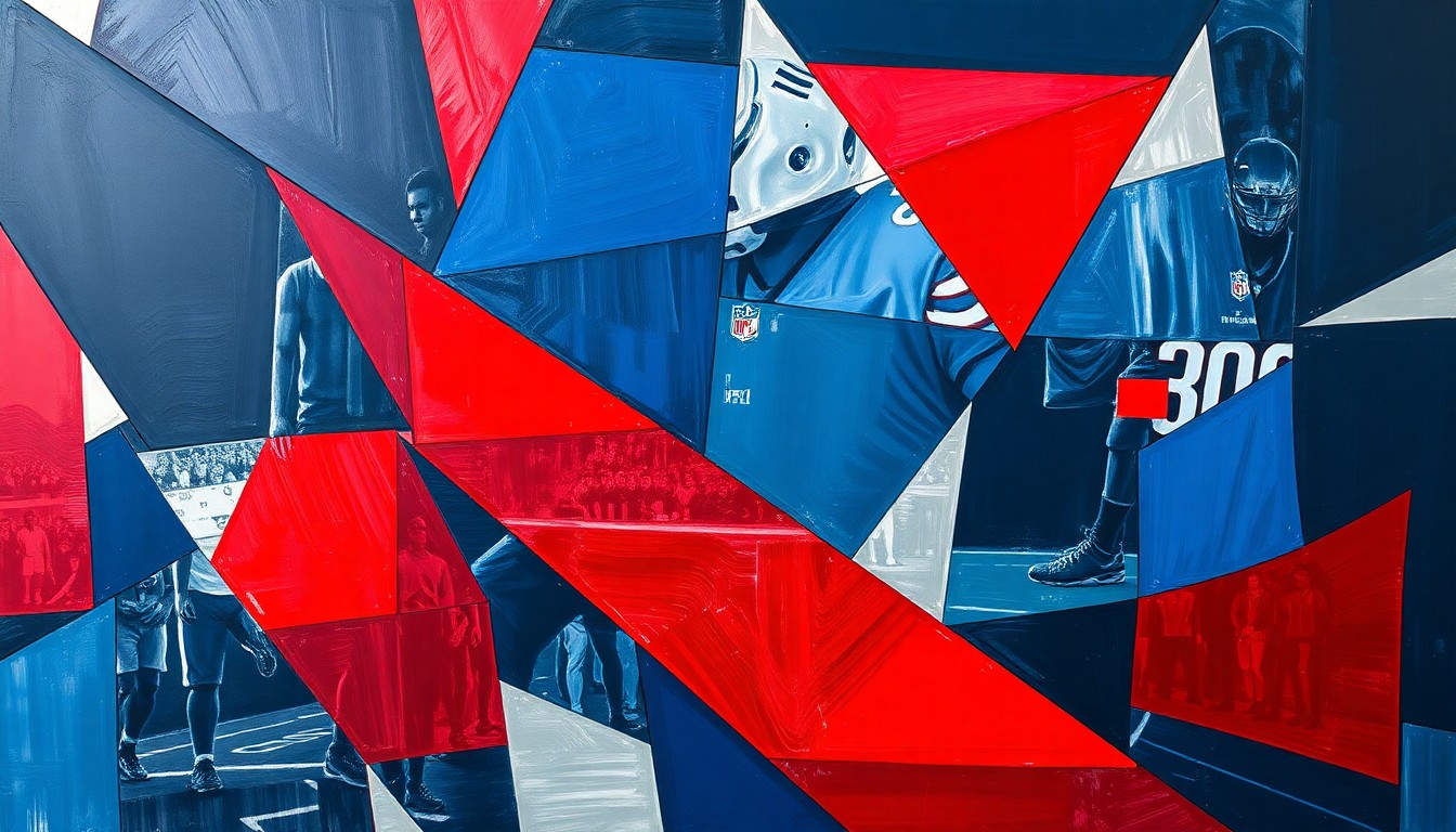 A cubist, geometric painting depicting fragmented football players, draft prospects, and team logos in a palette of navy, crimson, and metallic silver, capturing the complex decision-making process of the NFL draft.