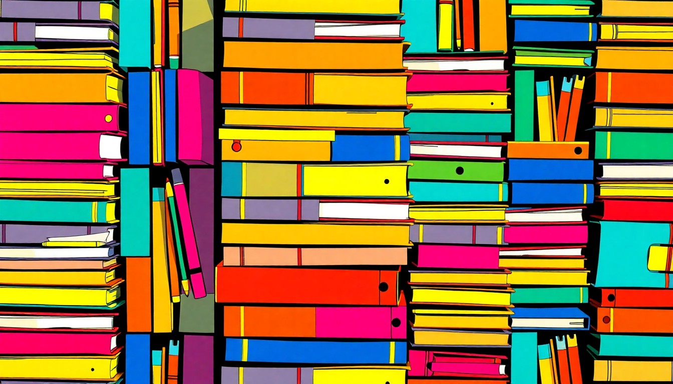 A brightly colored, high-contrast silkscreen print of a stack of colorful textbooks and school supplies repeated in a tight grid pattern, conceptually representing the recognition of exceptional teachers in Macomb County.
