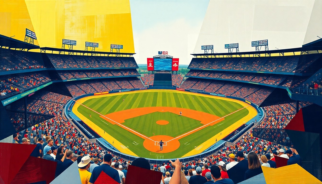 A fragmented, geometric painting depicting the action and energy of a college baseball game, with sharp planes of navy blue, gold, red, and white colors representing the ACC teams.