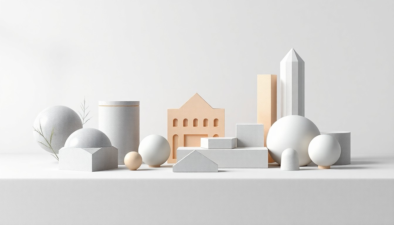 A high-end, photorealistic studio still-life photograph featuring a collection of polished, geometric objects in neutral tones, symbolizing the abstract concepts of real estate investment and land development.