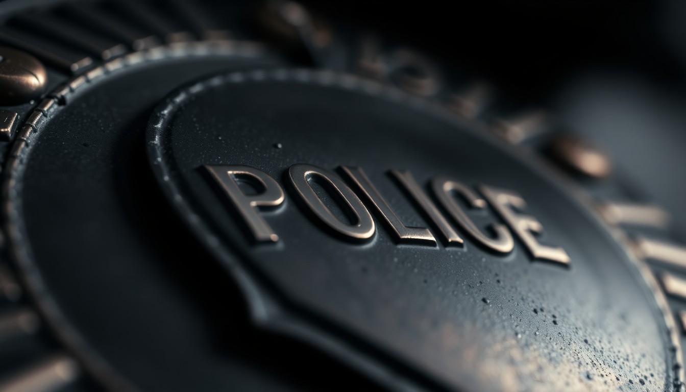 An extreme close-up photograph of a police badge or insignia, with a shallow depth of field focusing on the intricate textures and details of the metal and enamel in muted, earthy tones, conceptually representing the serious and contemplative nature of the police hiring process.
