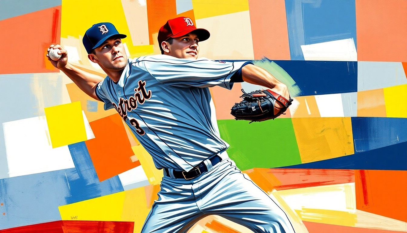 A cubist, geometric painting depicting a baseball pitcher's windup and delivery broken down into overlapping planes of bright orange, navy blue, and white, representing the Detroit Tigers' uniform colors.