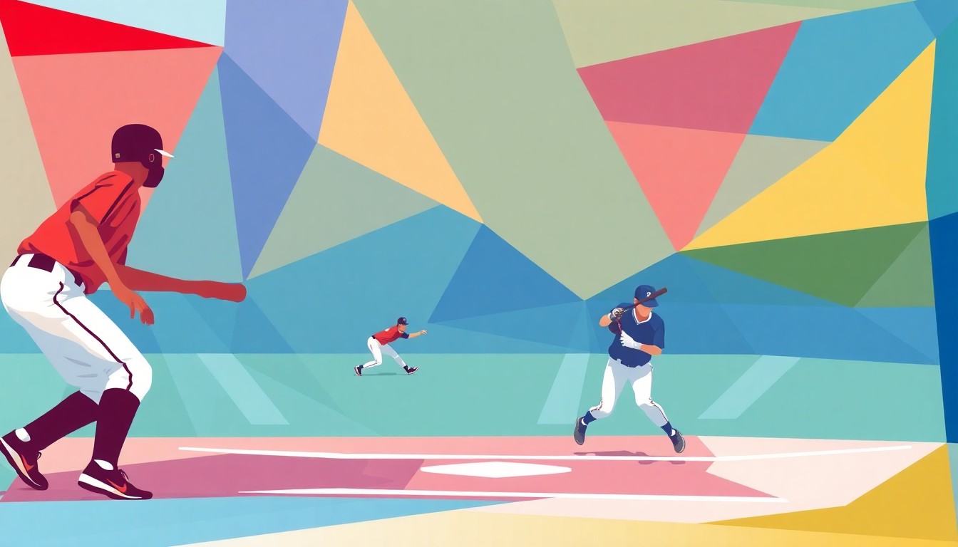 A fractured, multi-perspective painting in the style of Pablo Picasso, breaking a high school baseball game down into sharp, overlapping geometric planes of color, capturing the raw energy and movement of the sport.