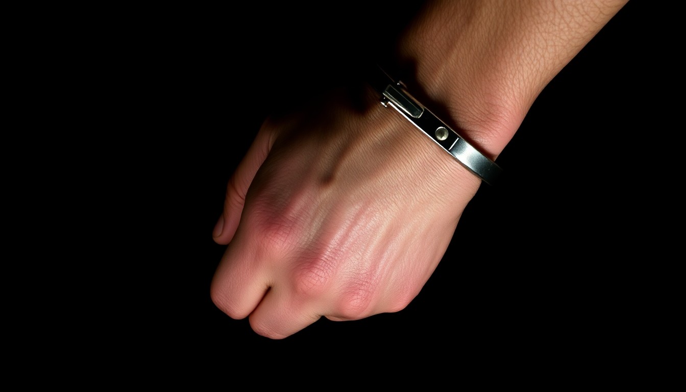 An extreme close-up photograph of a handcuffed wrist against a pitch-black background, the harsh lighting and textured details creating a gritty, investigative mood around the criminal justice process.
