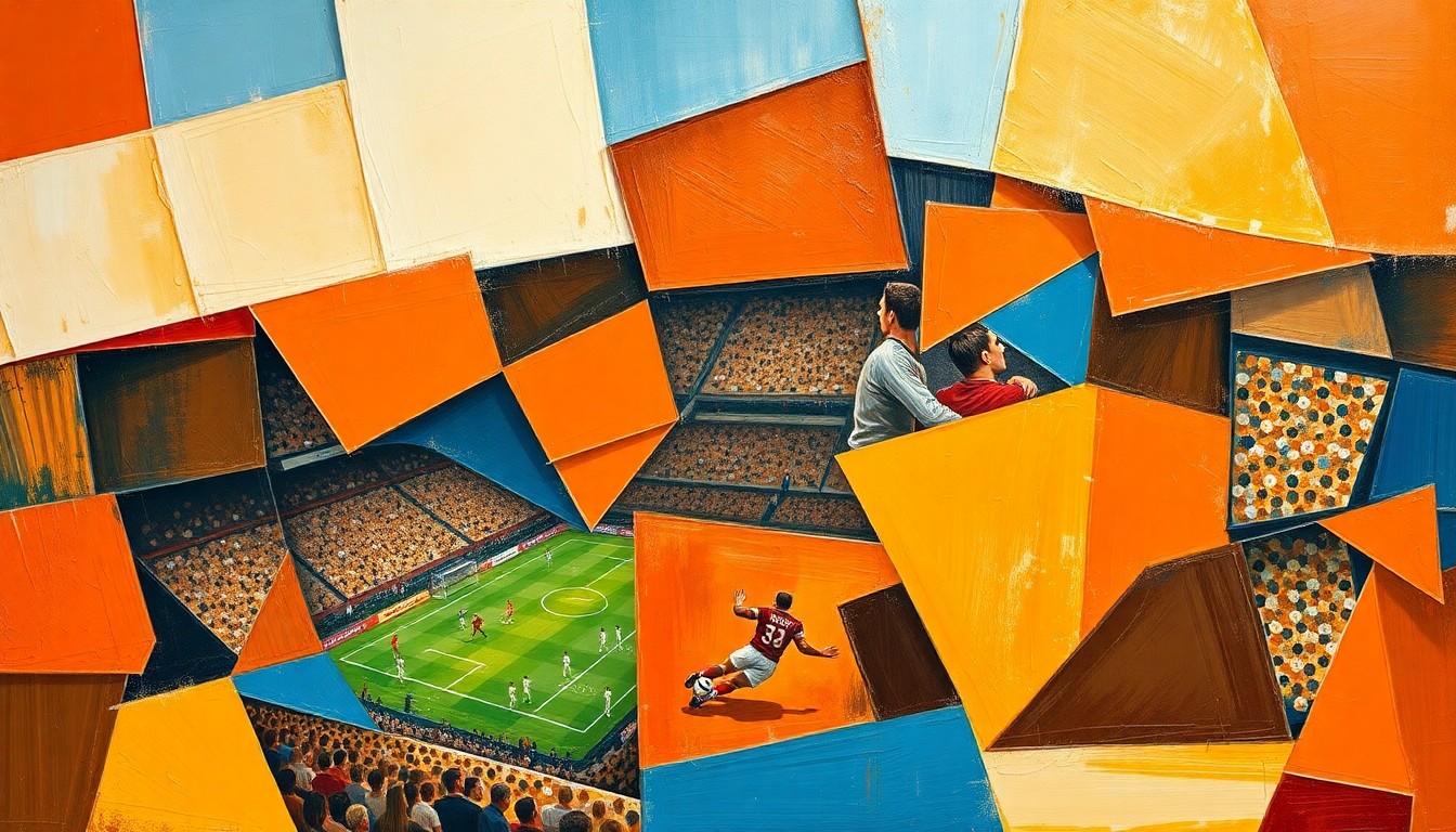 A fractured, geometric painting depicting the dynamic movements and positioning of a football player, representing the versatile role of a tight end in an NFL offense.