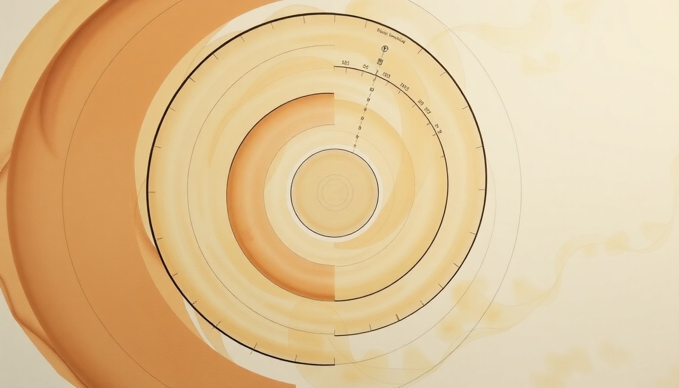 A bold, highly structured abstract painting in muted earth tones, featuring sweeping geometric arcs, concentric circles, and precise botanical spirals, conveying the structural complexity and order of biological systems without the use of any text or symbols.