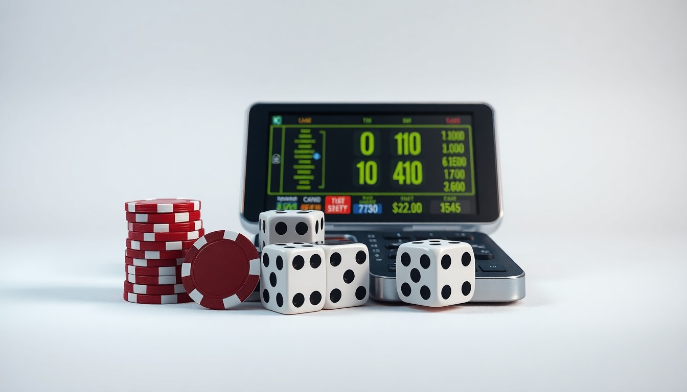 A minimalist studio still life featuring a stack of casino chips, a pair of dice, and a video gambling terminal control panel, symbolizing the abstract concepts of corporate strategy, finance, and risk in the video gambling industry.
