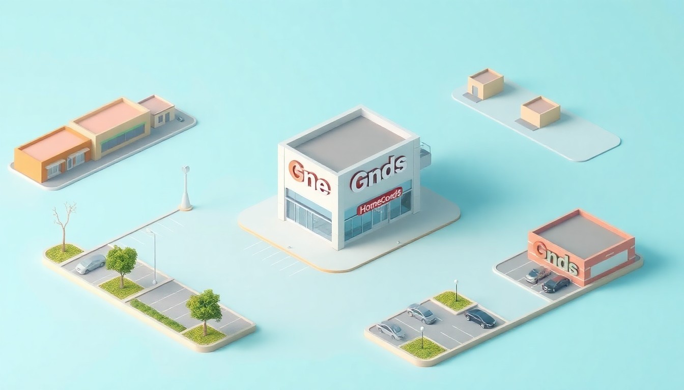 A stylized, isometric 3D illustration depicting a miniature retail shopping center with a new HomeGoods store building among other stores and parking lots, all rendered in a clean, modern aesthetic with bold colors and soft lighting.