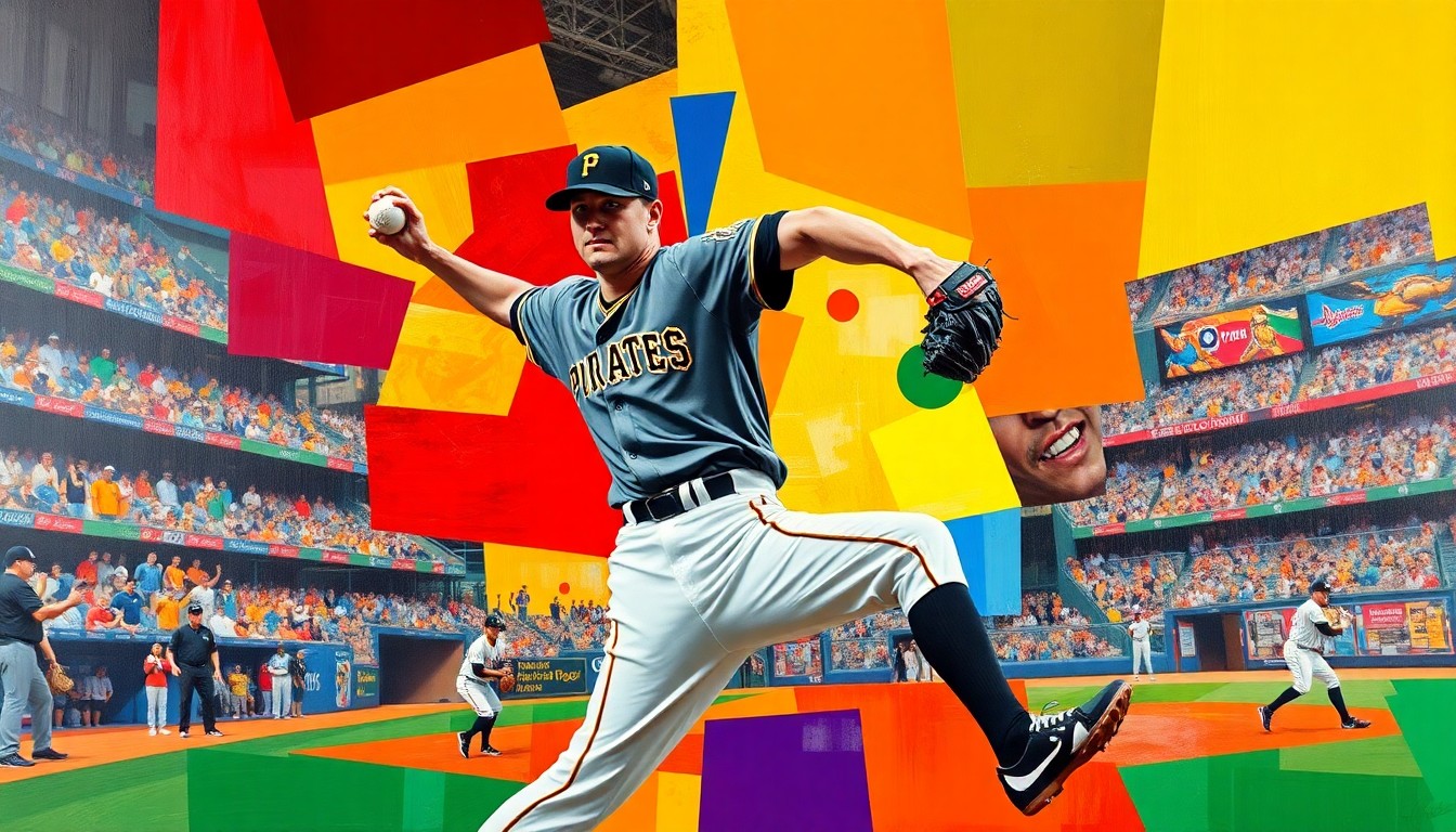 A cubist, geometric painting depicting a baseball pitcher's motion and the energy of a high-scoring game, with vibrant colors representing the Pirates' uniforms and stadium environment.