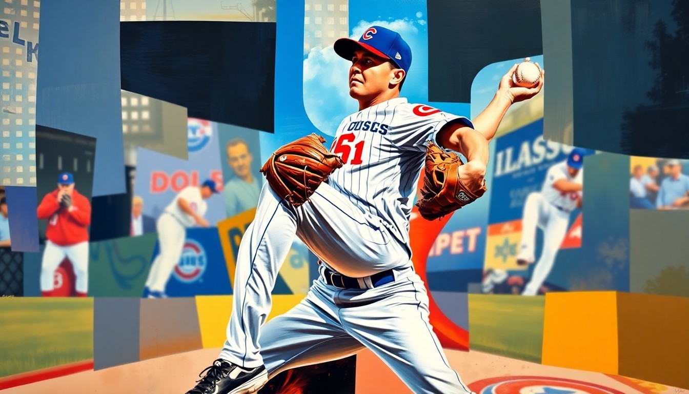A fractured, cubist-style painting depicting a baseball pitcher's windup and delivery broken down into sharp, overlapping geometric shapes and planes in the Cubs' blue and red colors, capturing the unconventional nature of their pitching strategy.