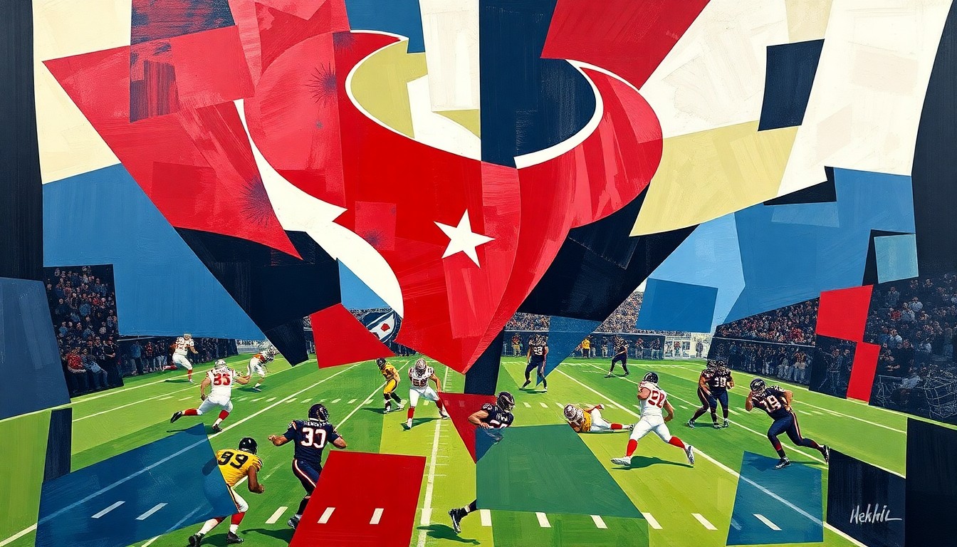 A fragmented, geometric painting in navy blue, red, and white hues, depicting overlapping planes and shapes that abstractly represent the action and movement of a football game or match.