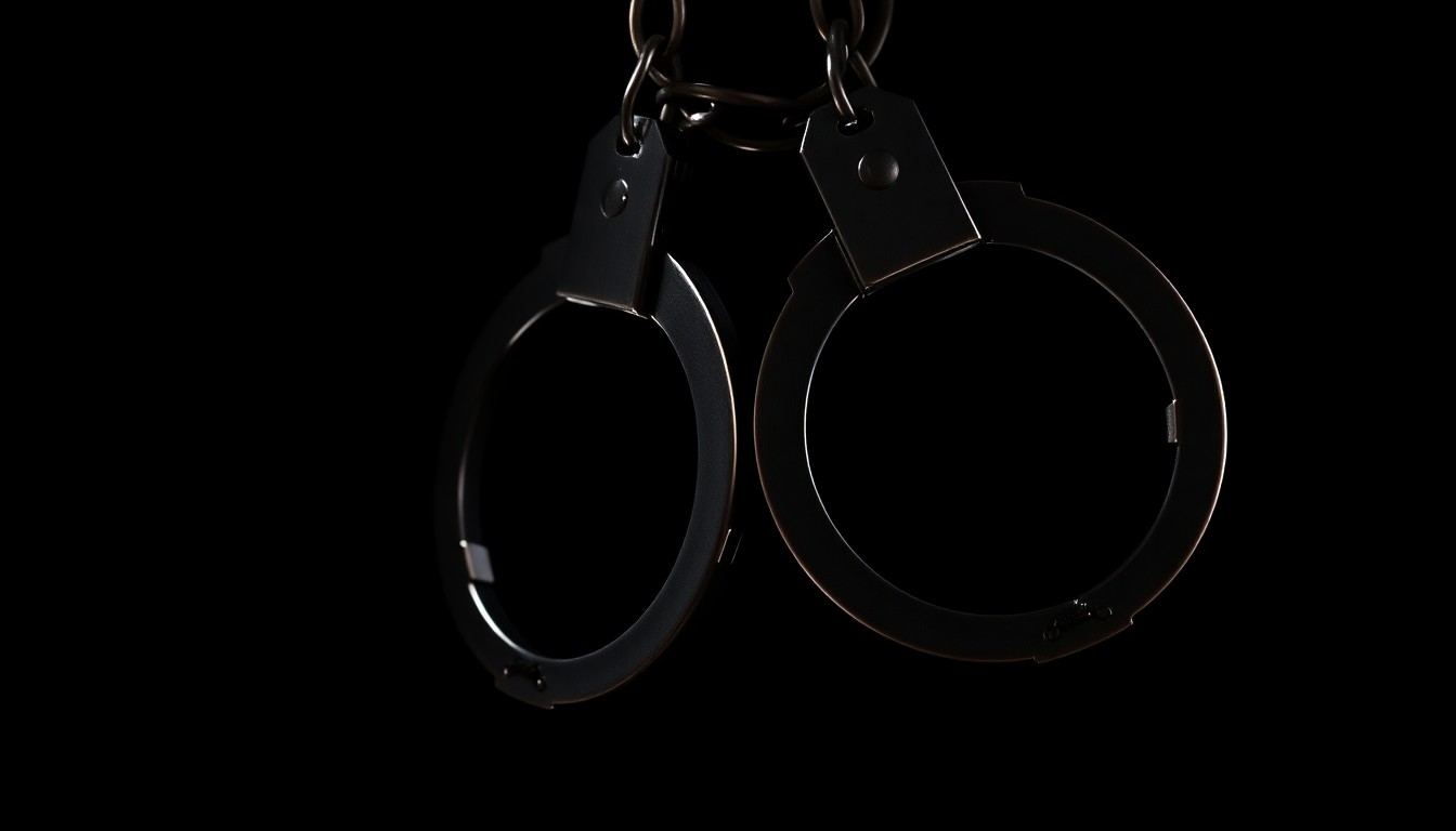 An extreme close-up photograph of a pair of handcuffs against a pitch-black background, lit by a harsh, direct camera flash, conceptually representing the criminal justice system's efforts to hold repeat offenders accountable.