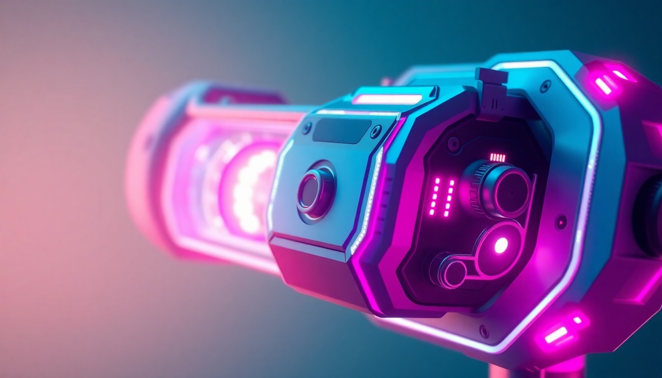 A highly detailed, glowing 3D illustration of a futuristic medical device or piece of clinical technology, with intricate hardware components illuminated by neon cyan and magenta lights, conveying the advanced capabilities of Boulevard's ePrescribe feature.