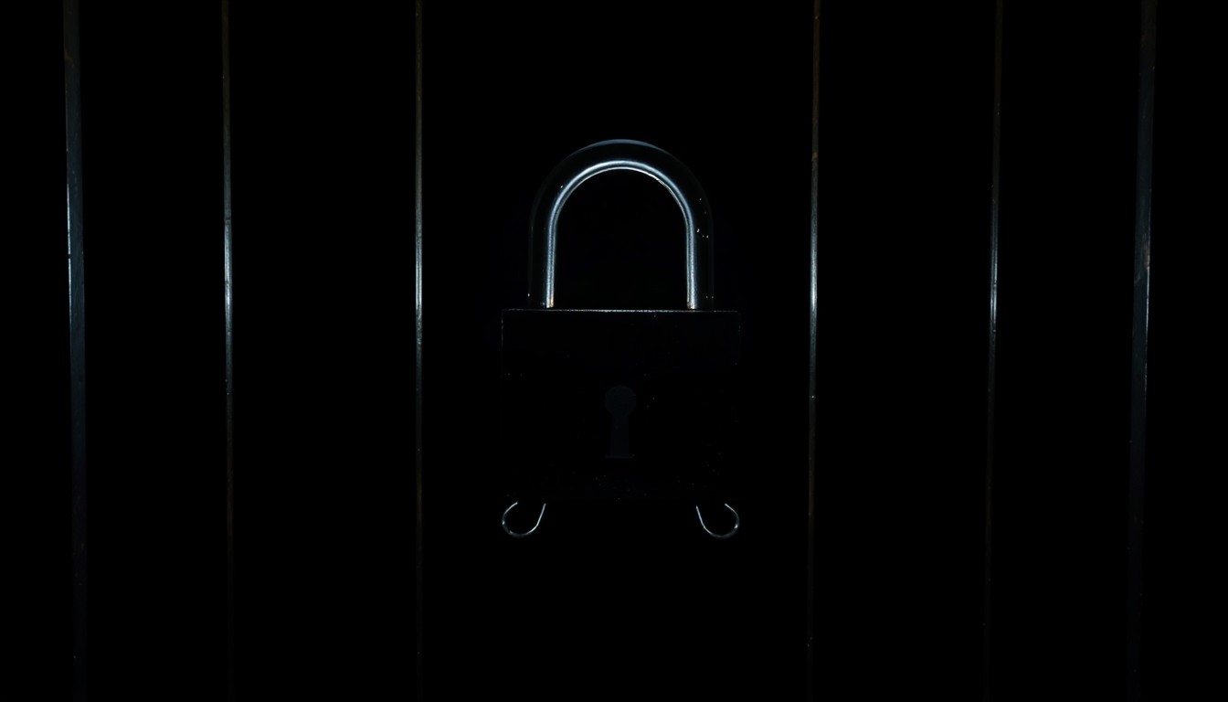 An extreme close-up photograph of a set of prison bars or a lock against a pitch-black background, lit by a harsh, direct camera flash, conceptually illustrating the stark realities of the state's prison system.