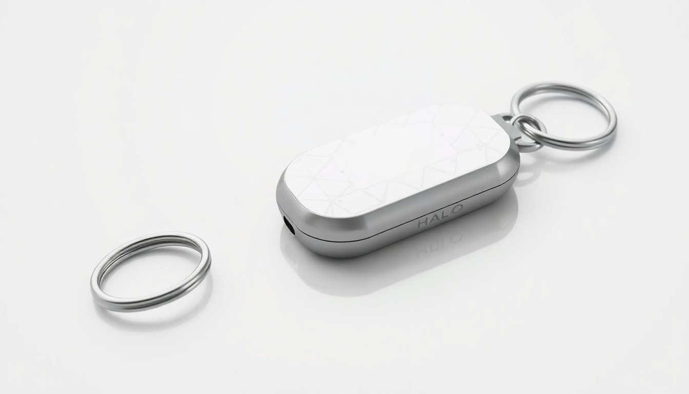 An extreme close-up of the Pebblebee Halo personal safety keychain device, featuring a sleek, minimalist industrial design with smooth matte surfaces and subtle metallic accents, conceptually illustrating the thoughtful engineering behind this multifunctional safety tool.