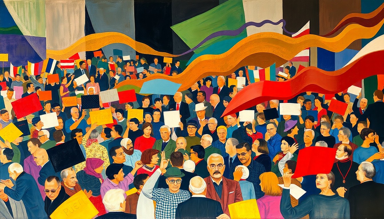 A dynamic, abstract painting featuring overlapping geometric shapes and waves of vibrant colors, conceptually representing the energy and momentum of a political rally or concert event.