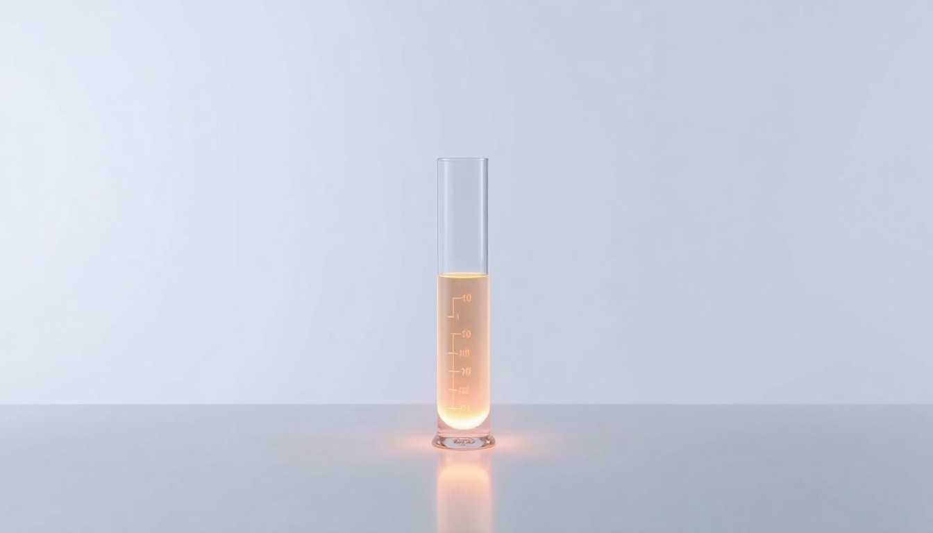 A photorealistic studio still life featuring a single, polished glass beaker or test tube filled with a glowing, luminescent liquid on a clean, monochromatic background, conceptually representing the advanced cell therapy technology at the center of this business story.