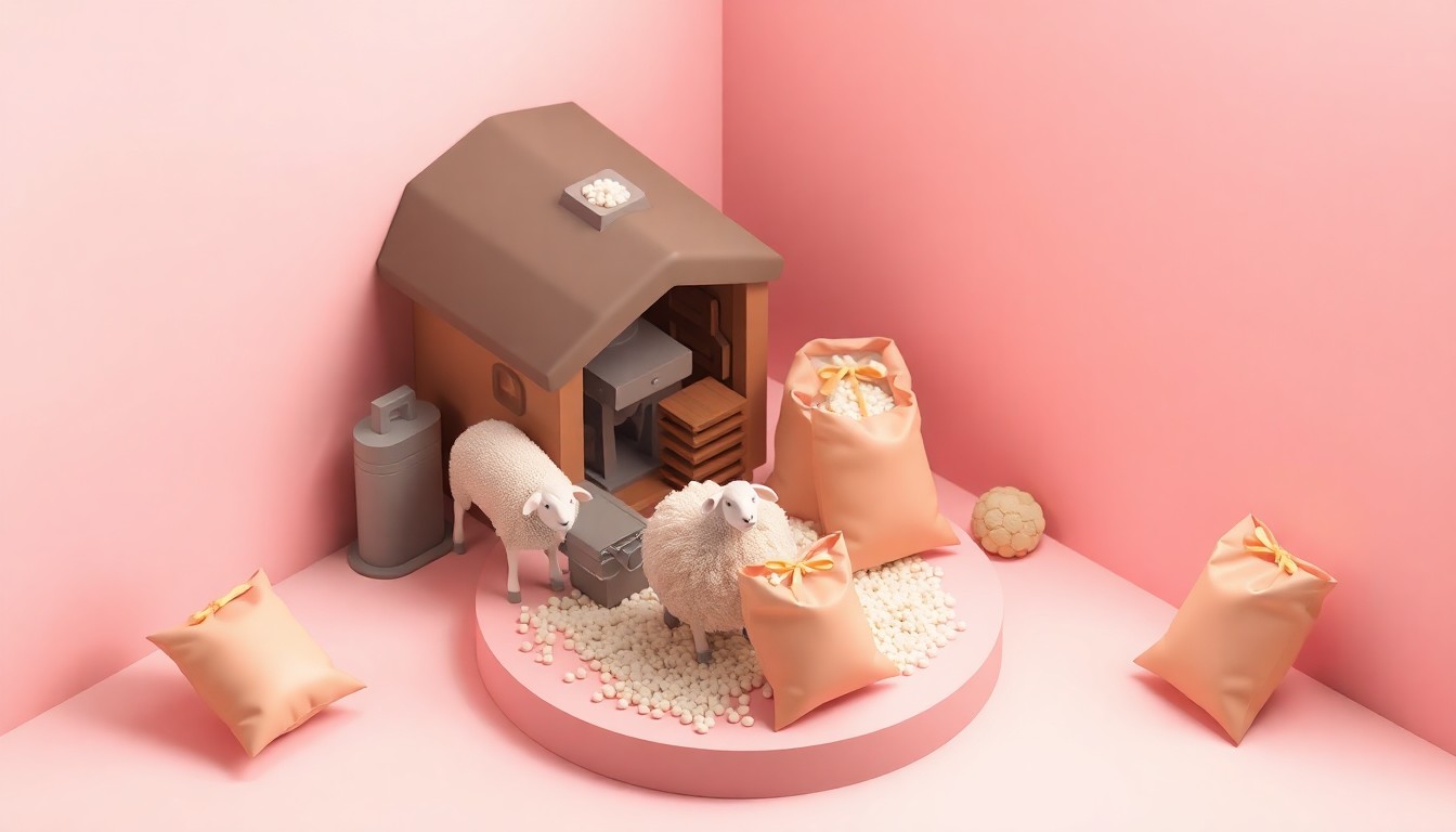 An isometric 3D digital illustration depicting a miniature farm scene with a sheep, a wool pellet machine, and bags of the finished wool pellet product, representing the Hendrickx siblings' new business venture in a stylized, editorial way.