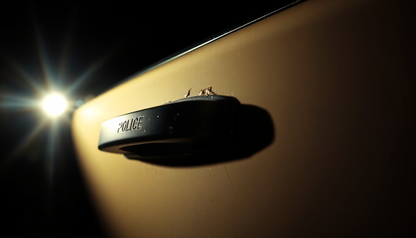 An extreme close-up photograph of a damaged police car door handle, lit by a harsh, direct camera flash against a pitch-black background, conceptually illustrating the aftermath of a traffic accident involving law enforcement.