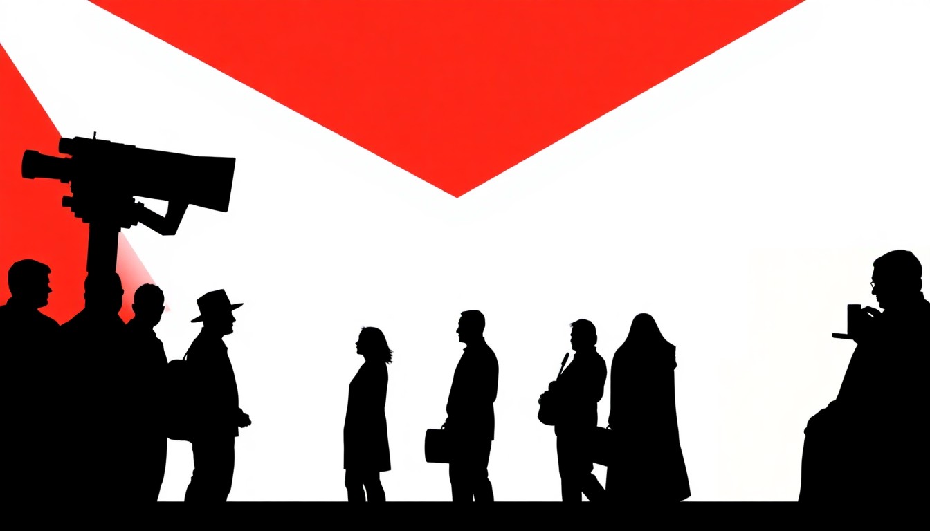 A striking abstract illustration using bold black shapes and bright red and white colors to represent the diverse range of films and cinematic experiences at the Cleveland International Film Festival.