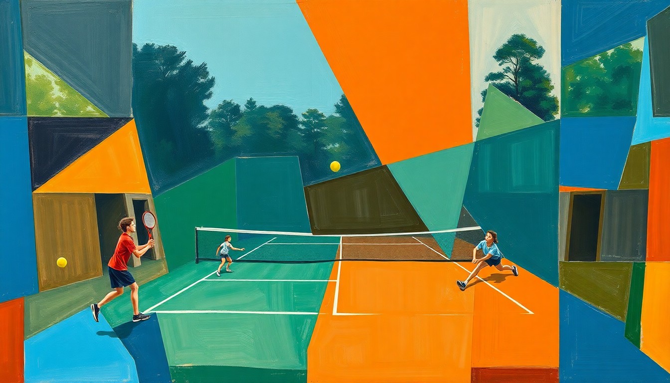 A fragmented, geometric painting depicting a high school tennis match, with sharp planes of color representing the dynamic action on the court.