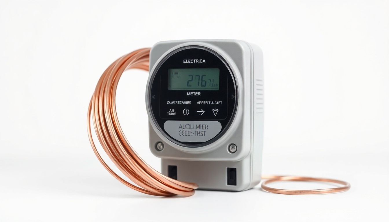 A photorealistic studio still life featuring a sleek electric meter and polished copper wire coil, conceptually representing the utility's efforts to gather customer feedback and enhance its electricity services.
