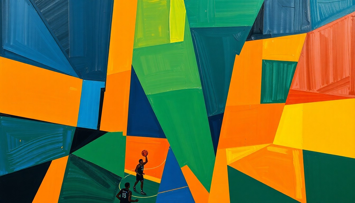 A cubist, geometric painting depicting a fragmented WNBA basketball game, with sharp planes of navy, green, and orange overlapping to create a dynamic, multi-perspective scene.