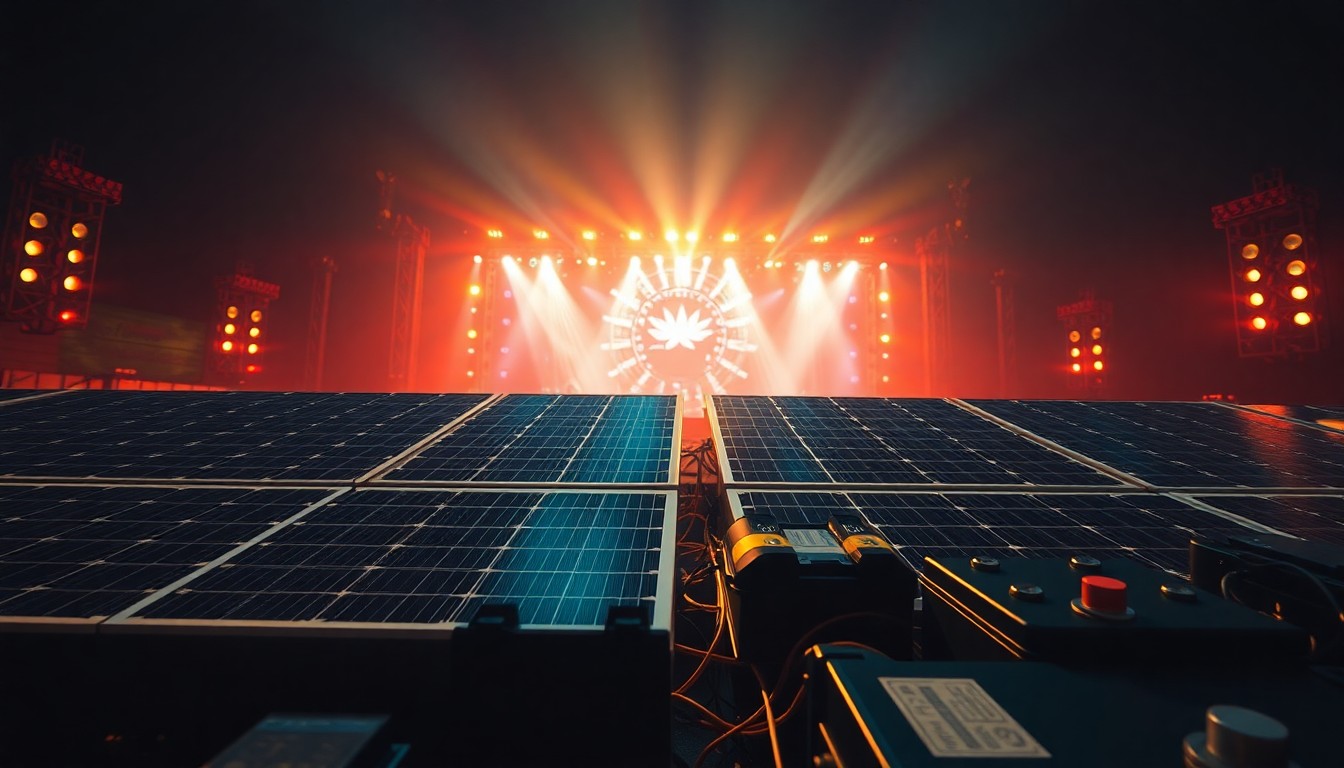 An extreme close-up photograph of solar panels and battery packs in dramatic high-contrast studio lighting, capturing the technical details and energy of a renewable power system powering a music festival stage.