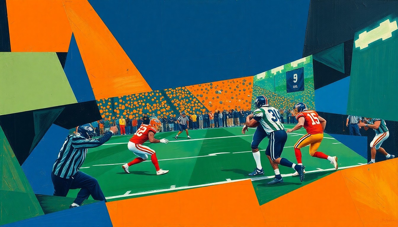 A fragmented, geometric painting in navy, green, and orange hues depicting a football coaching scene, conceptually representing the multifaceted impact of a longtime NFL assistant.