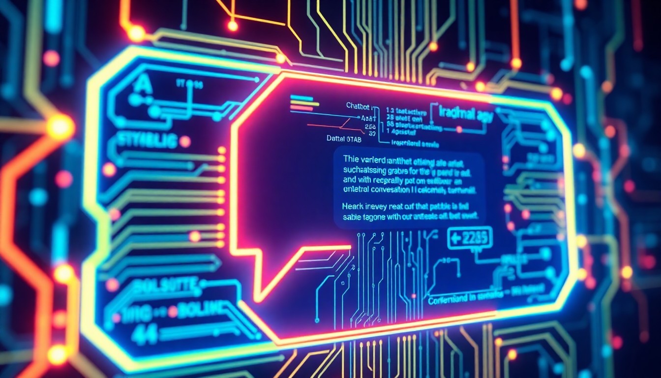 A highly detailed, glowing 3D illustration of a digital chatbot interface, with pulsing lines of code and cybernetic hardware elements, conceptually representing the complex and potentially dangerous nature of advanced conversational AI systems.