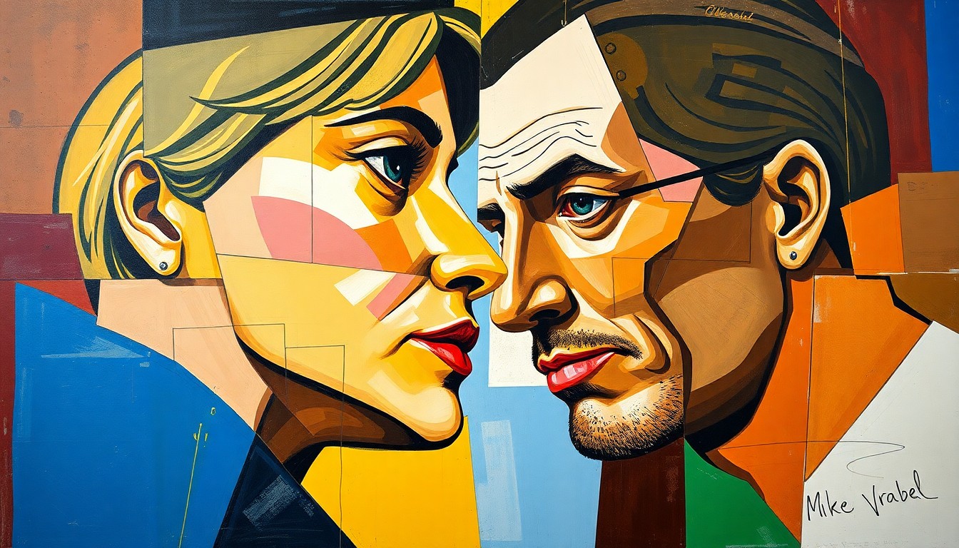 A cubist, geometric painting depicting the intertwined relationship between a sports reporter and a coach, with sharp, overlapping planes of color and form representing the multifaceted nature of the controversy.