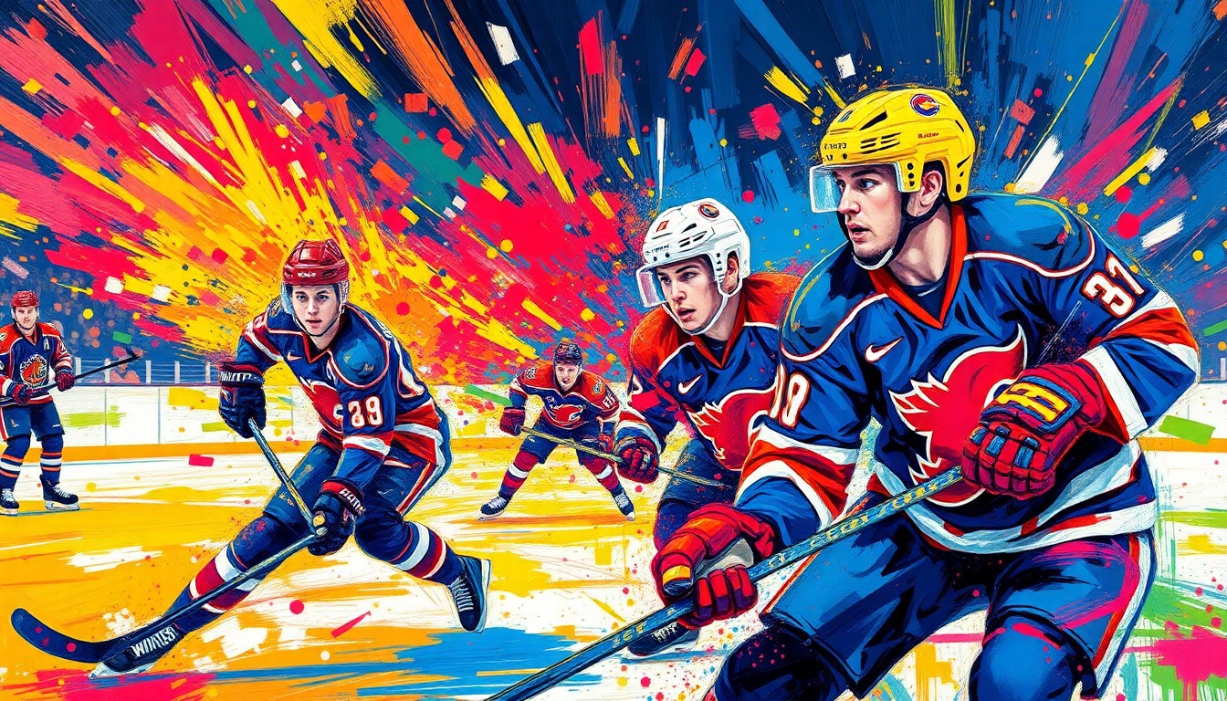 A vibrant, expressionistic painting in neon colors depicting the intense action and energy of a junior hockey playoff game, with players' forms dissolving into abstract brushstrokes and splatters of paint.