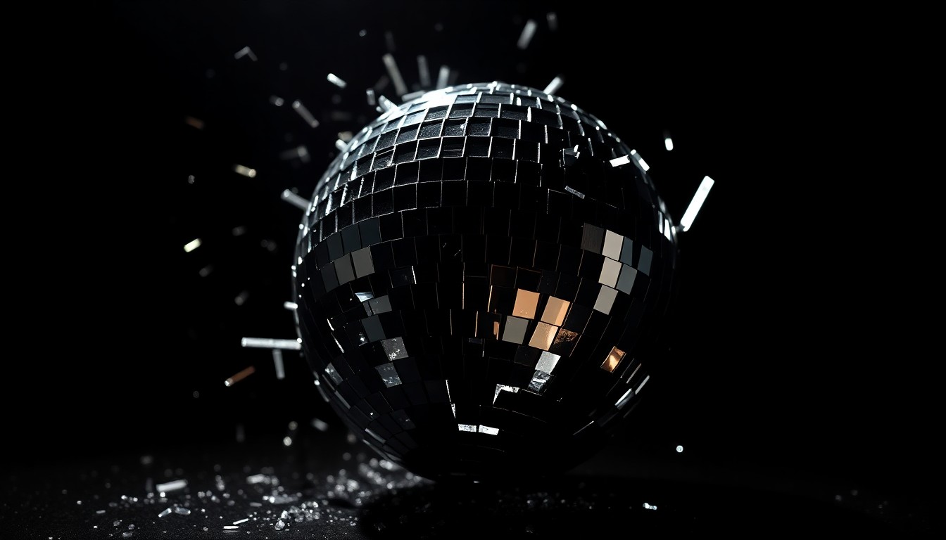 An extreme close-up photograph of a shattered disco ball, with the reflective glass fragments creating a glittering, high-contrast pattern of light and shadow, conceptually representing the enduring musical legacy and creative energy of Bruce Hornsby.