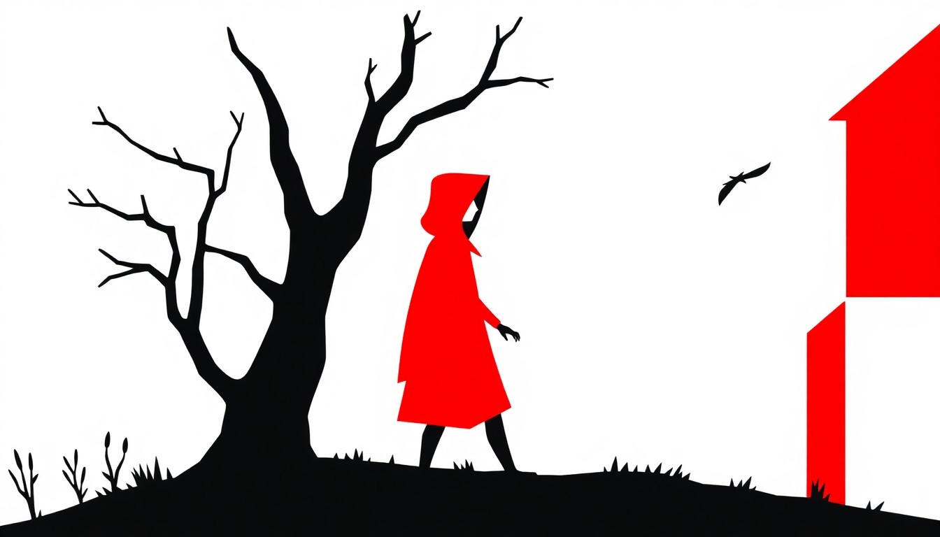 An abstract, minimalist illustration featuring stark, jagged geometric shapes in red and white, conceptually representing the classic fairy tale of Little Red Riding Hood.
